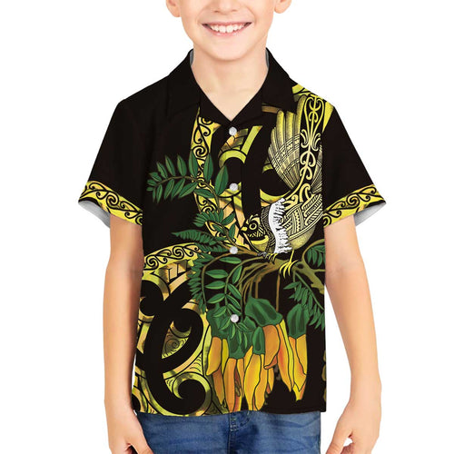 Yellow New Zealand Kowhai And Piwakawaka Family Matching Off The Shoulder Long Sleeve Dress and Hawaiian Shirt Maori Ngaru Paua Shell