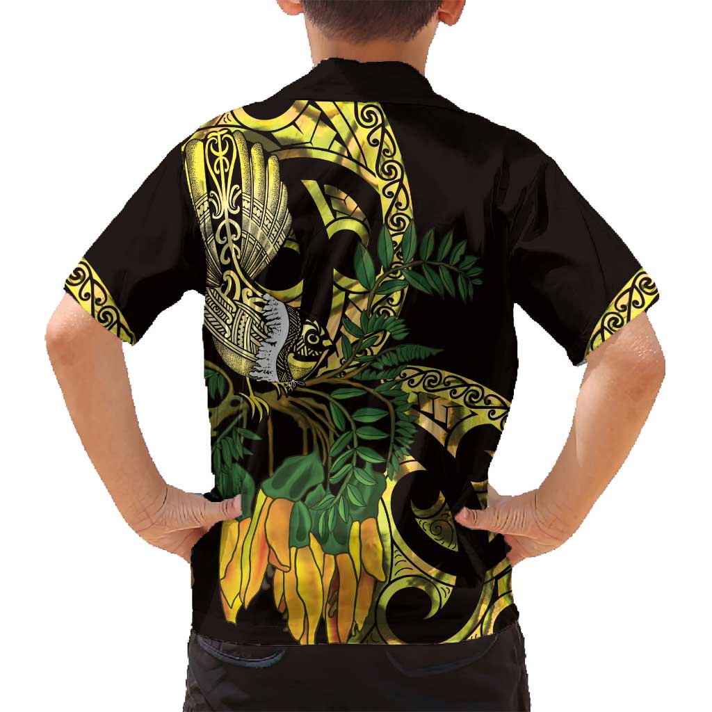 Yellow New Zealand Kowhai And Piwakawaka Family Matching Off Shoulder Maxi Dress and Hawaiian Shirt Maori Ngaru Paua Shell