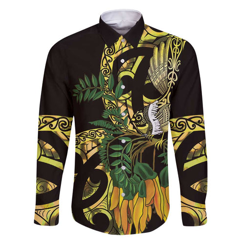 Yellow New Zealand Kowhai And Piwakawaka Family Matching Off Shoulder Maxi Dress and Hawaiian Shirt Maori Ngaru Paua Shell
