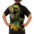 Yellow New Zealand Kowhai And Piwakawaka Family Matching Off Shoulder Short Dress and Hawaiian Shirt Maori Ngaru Paua Shell