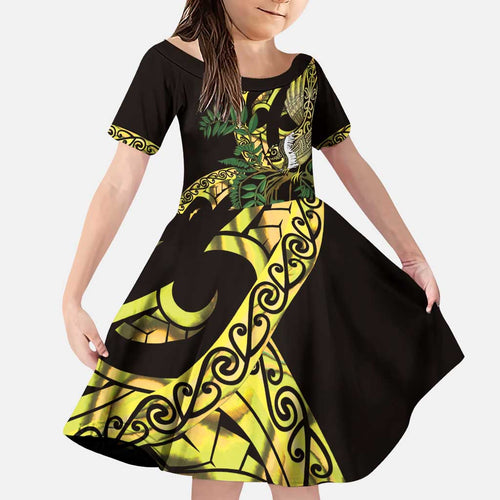 Yellow New Zealand Kowhai And Piwakawaka Family Matching Puletasi and Hawaiian Shirt Maori Ngaru Paua Shell