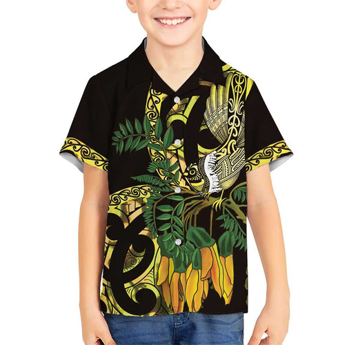 Yellow New Zealand Kowhai And Piwakawaka Family Matching Short Sleeve Bodycon Dress and Hawaiian Shirt Maori Ngaru Paua Shell