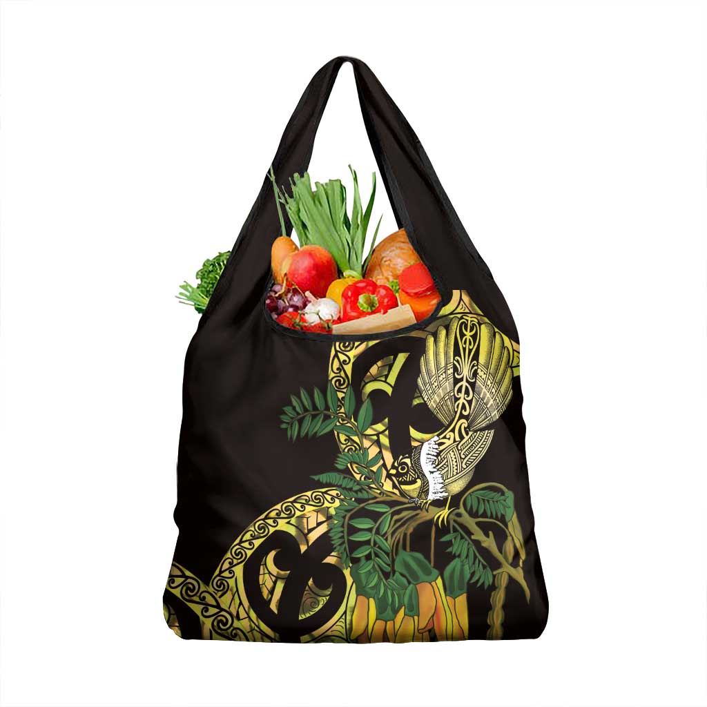 Yellow New Zealand Kowhai And Piwakawaka Grocery Bag Maori Ngaru Paua Shell