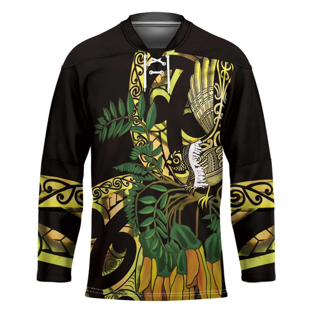 Yellow New Zealand Kowhai And Piwakawaka Hockey Jersey Maori Ngaru Paua Shell - Aussie Hoodie