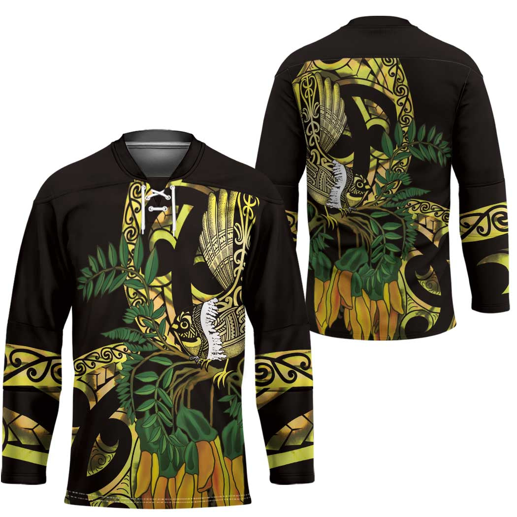 Yellow New Zealand Kowhai And Piwakawaka Hockey Jersey Maori Ngaru Paua Shell - Aussie Hoodie