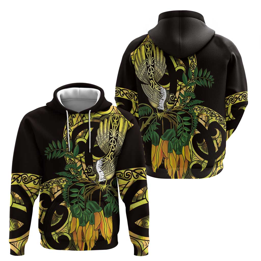 Yellow New Zealand Kowhai And Piwakawaka Hoodie Maori Ngaru Paua Shell