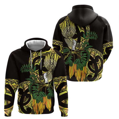 Yellow New Zealand Kowhai And Piwakawaka Hoodie Maori Ngaru Paua Shell