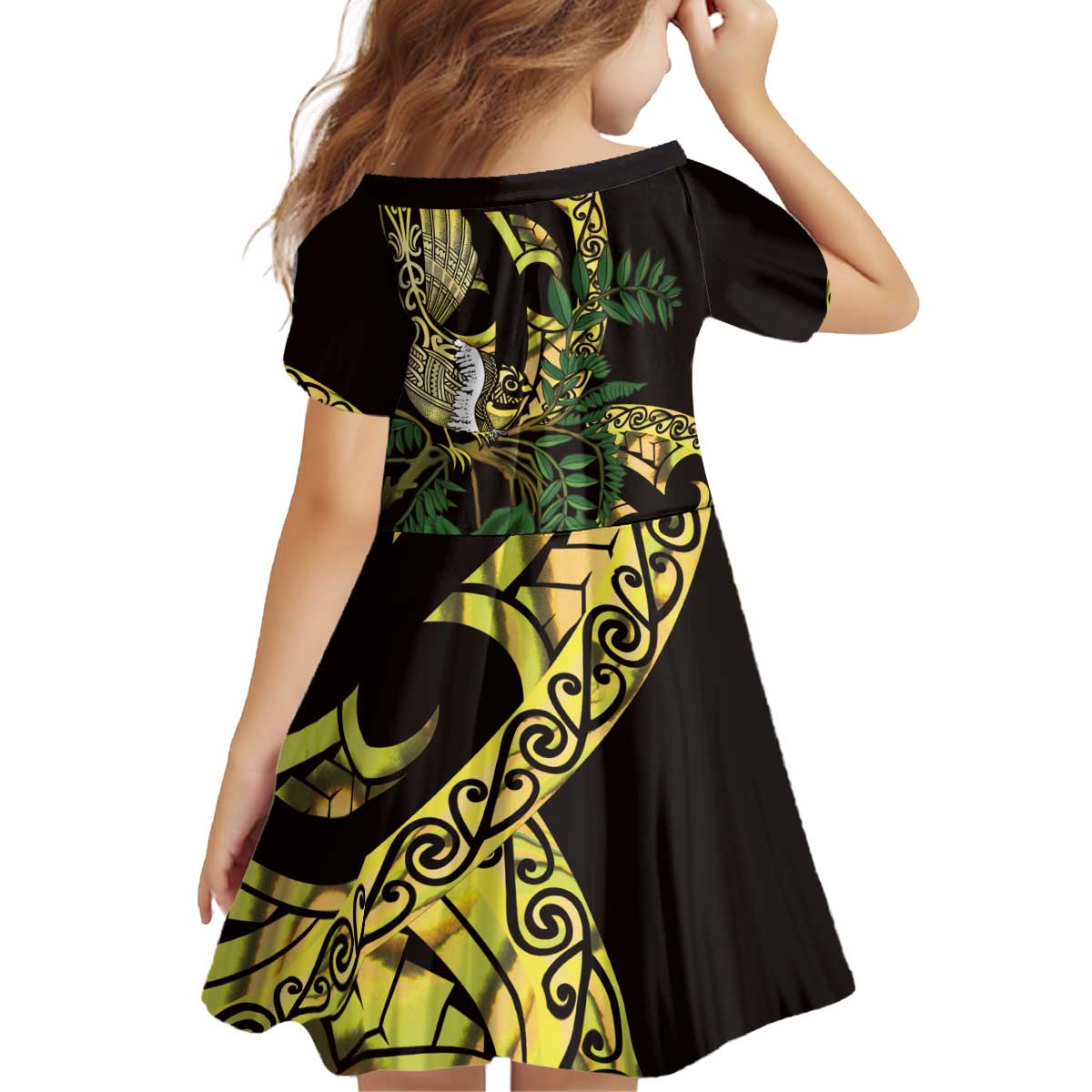Yellow New Zealand Kowhai And Piwakawaka Kid Short Sleeve Dress Maori Ngaru Paua Shell