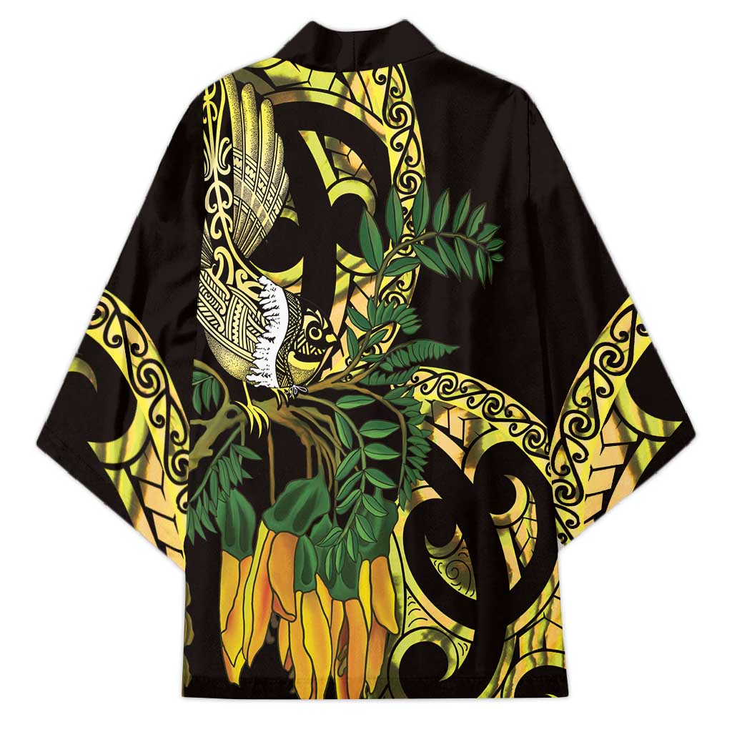 Yellow New Zealand Kowhai And Piwakawaka Kimono Maori Ngaru Paua Shell - Aussie Hoodie