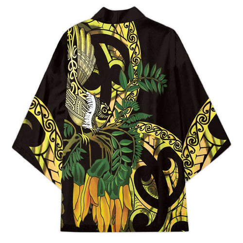 Yellow New Zealand Kowhai And Piwakawaka Kimono Maori Ngaru Paua Shell - Aussie Hoodie