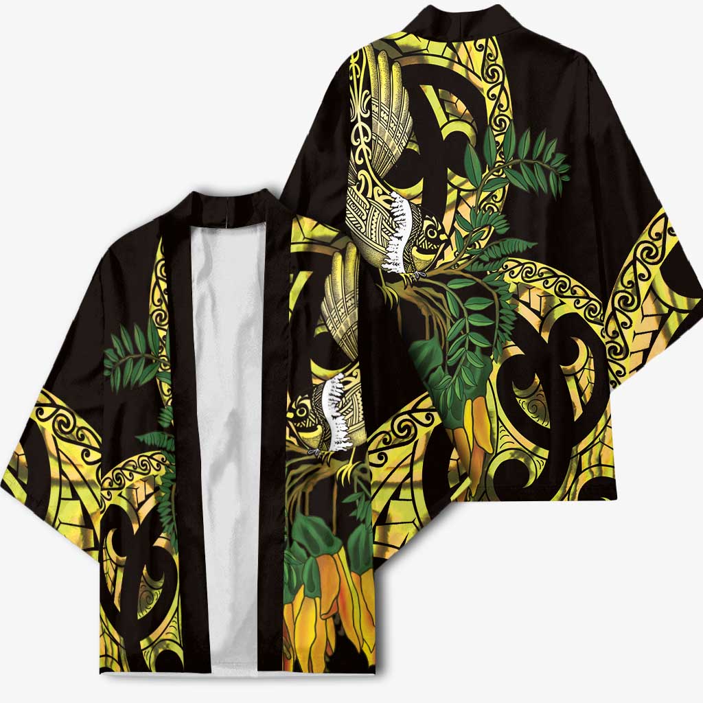 Yellow New Zealand Kowhai And Piwakawaka Kimono Maori Ngaru Paua Shell - Aussie Hoodie