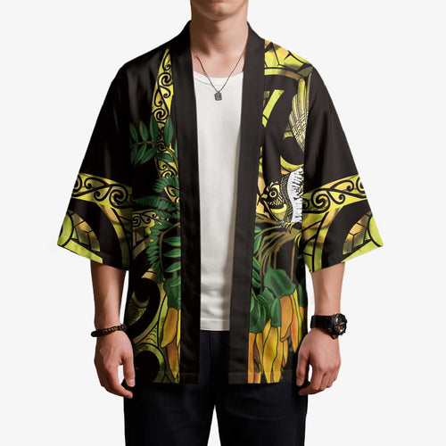 Yellow New Zealand Kowhai And Piwakawaka Kimono Maori Ngaru Paua Shell - Aussie Hoodie