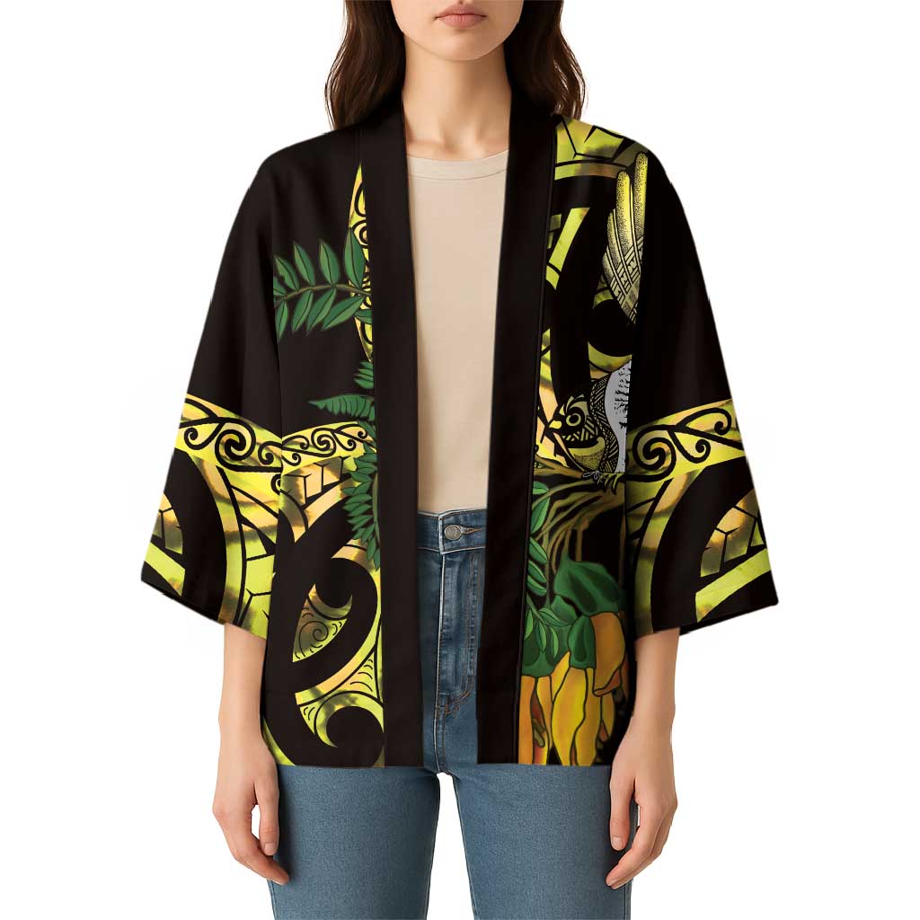Yellow New Zealand Kowhai And Piwakawaka Kimono Maori Ngaru Paua Shell - Aussie Hoodie