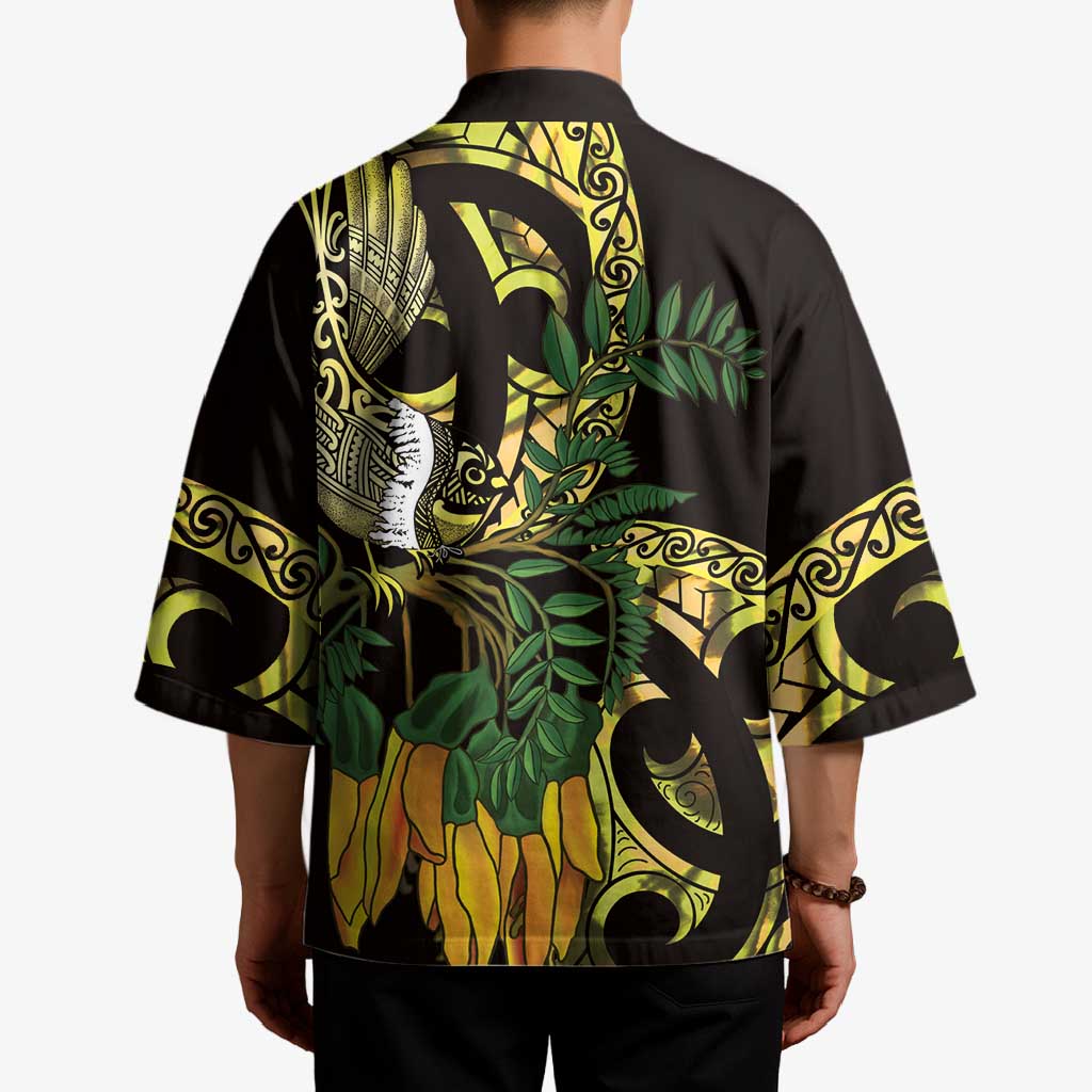 Yellow New Zealand Kowhai And Piwakawaka Kimono Maori Ngaru Paua Shell - Aussie Hoodie