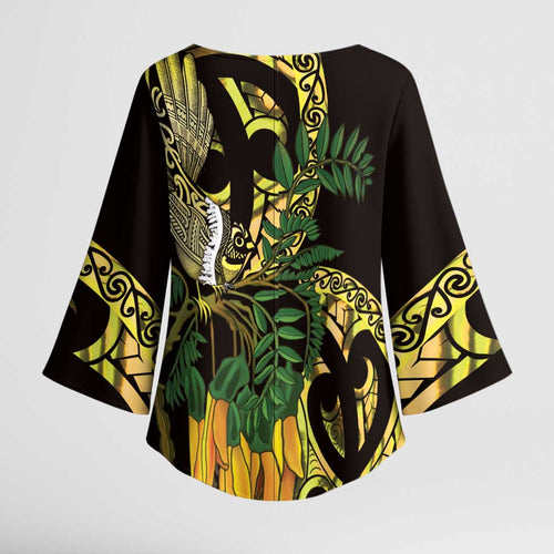 Yellow New Zealand Kowhai And Piwakawaka Kimono Sleeve Blouse Maori Ngaru Paua Shell - Aussie Hoodie