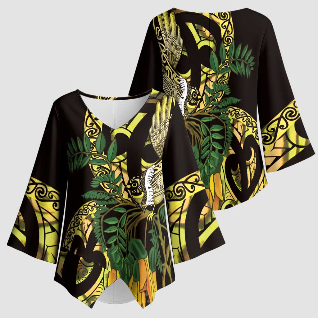 Yellow New Zealand Kowhai And Piwakawaka Kimono Sleeve Blouse Maori Ngaru Paua Shell - Aussie Hoodie