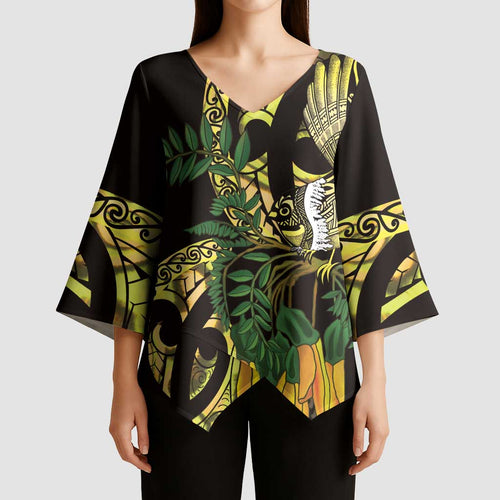 Yellow New Zealand Kowhai And Piwakawaka Kimono Sleeve Blouse Maori Ngaru Paua Shell - Aussie Hoodie