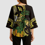 Yellow New Zealand Kowhai And Piwakawaka Kimono Sleeve Blouse Maori Ngaru Paua Shell - Aussie Hoodie