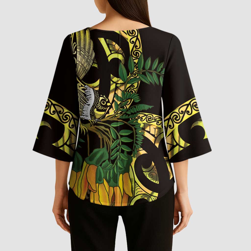 Yellow New Zealand Kowhai And Piwakawaka Kimono Sleeve Blouse Maori Ngaru Paua Shell - Aussie Hoodie