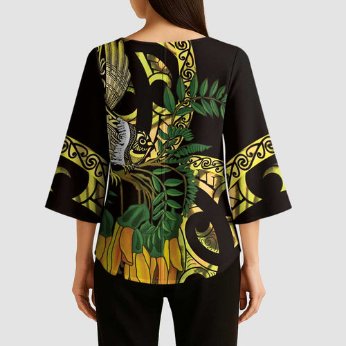 Yellow New Zealand Kowhai And Piwakawaka Kimono Sleeve Blouse Maori Ngaru Paua Shell - Aussie Hoodie