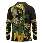 Yellow New Zealand Kowhai And Piwakawaka Long Sleeve Polo Shirt Maori Ngaru Paua Shell