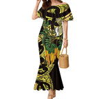Yellow New Zealand Kowhai And Piwakawaka Mermaid Dress Maori Ngaru Paua Shell