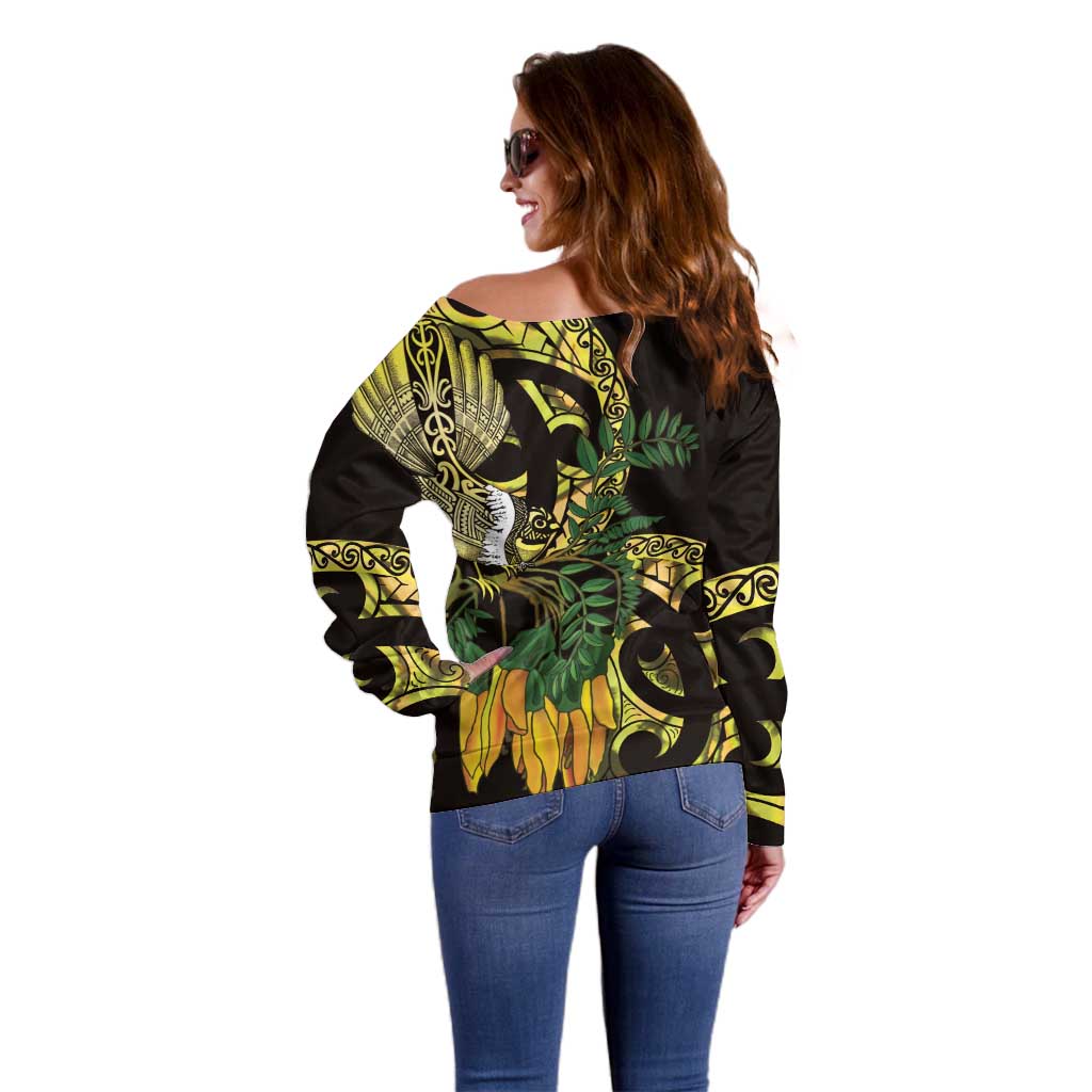 Yellow New Zealand Kowhai And Piwakawaka Off Shoulder Sweater Maori Ngaru Paua Shell