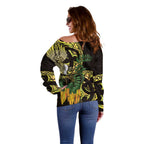 Yellow New Zealand Kowhai And Piwakawaka Off Shoulder Sweater Maori Ngaru Paua Shell