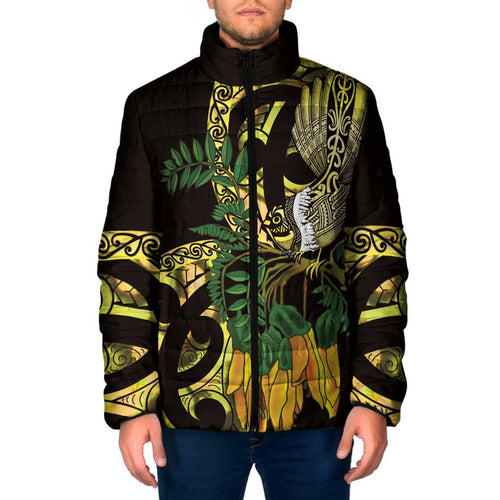 Yellow New Zealand Kowhai And Piwakawaka Padded Jacket Maori Ngaru Paua Shell - Aussie Hoodie
