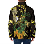 Yellow New Zealand Kowhai And Piwakawaka Padded Jacket Maori Ngaru Paua Shell - Aussie Hoodie