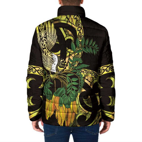 Yellow New Zealand Kowhai And Piwakawaka Padded Jacket Maori Ngaru Paua Shell - Aussie Hoodie
