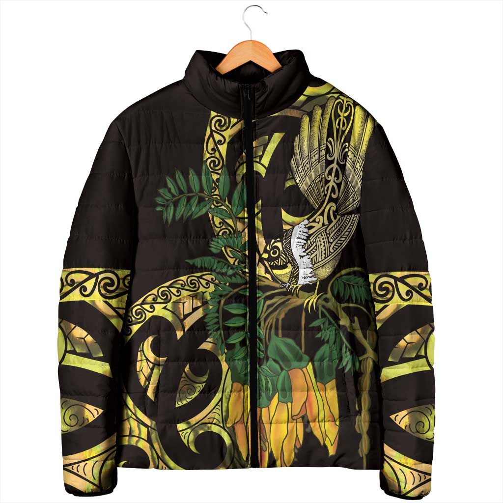 Yellow New Zealand Kowhai And Piwakawaka Padded Jacket Maori Ngaru Paua Shell - Aussie Hoodie