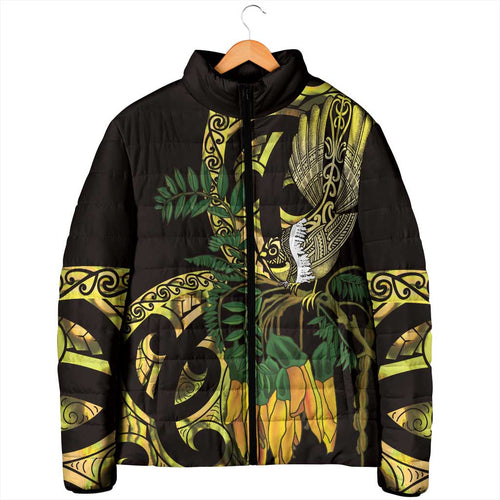 Yellow New Zealand Kowhai And Piwakawaka Padded Jacket Maori Ngaru Paua Shell - Aussie Hoodie