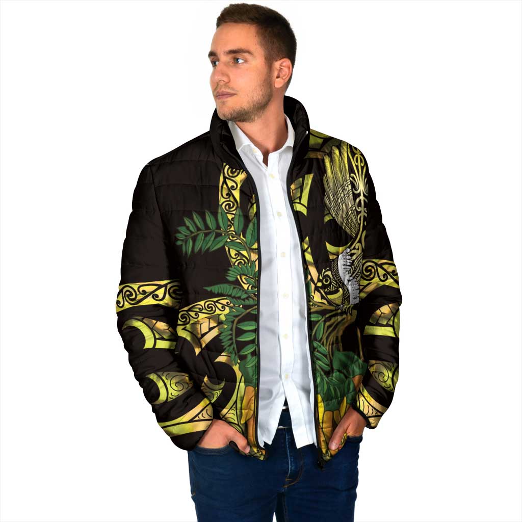 Yellow New Zealand Kowhai And Piwakawaka Padded Jacket Maori Ngaru Paua Shell - Aussie Hoodie