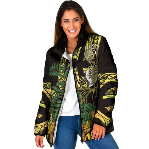 Yellow New Zealand Kowhai And Piwakawaka Padded Jacket Maori Ngaru Paua Shell - Aussie Hoodie