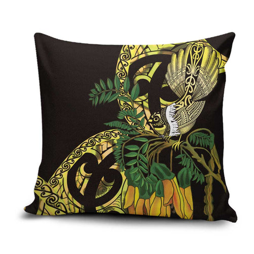 Yellow New Zealand Kowhai And Piwakawaka Pillow Cover Maori Ngaru Paua Shell - Aussie Hoodie
