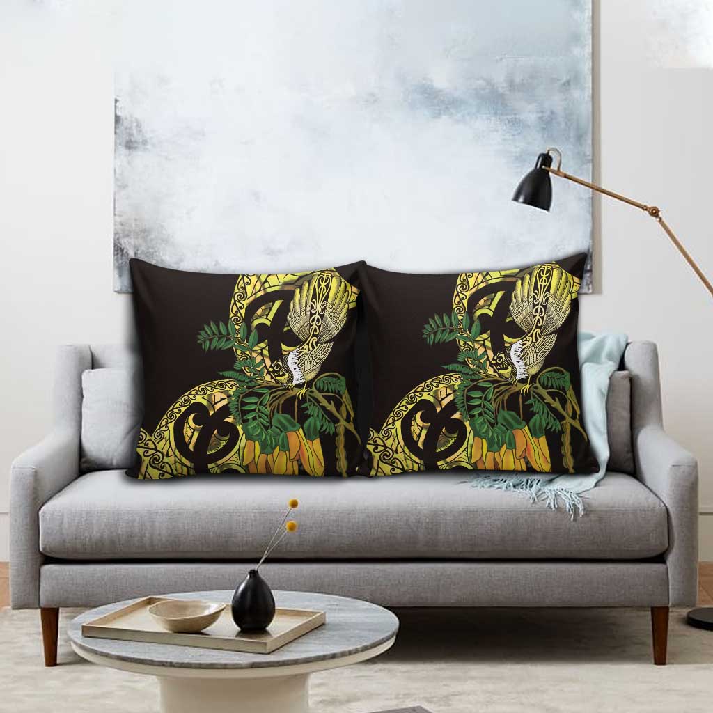 Yellow New Zealand Kowhai And Piwakawaka Pillow Cover Maori Ngaru Paua Shell - Aussie Hoodie