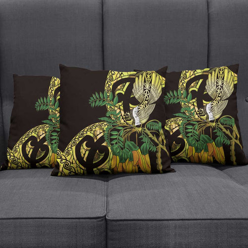 Yellow New Zealand Kowhai And Piwakawaka Pillow Cover Maori Ngaru Paua Shell - Aussie Hoodie