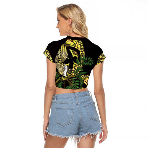 Yellow New Zealand Kowhai And Piwakawaka Raglan Cropped T Shirt Maori Ngaru Paua Shell