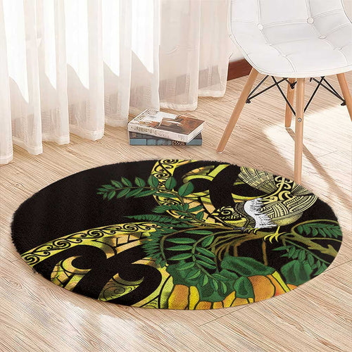 Yellow New Zealand Kowhai And Piwakawaka Round Carpet Maori Ngaru Paua Shell
