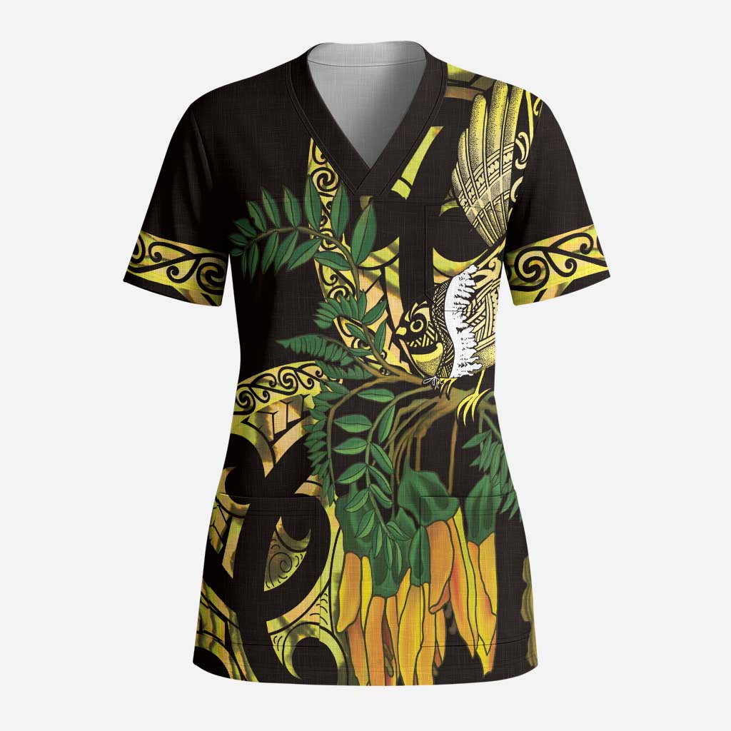 Yellow New Zealand Kowhai And Piwakawaka Scrub Top Maori Ngaru Paua Shell - Aussie Hoodie