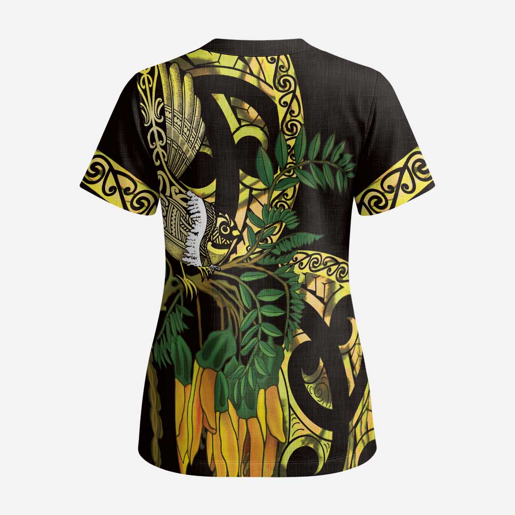 Yellow New Zealand Kowhai And Piwakawaka Scrub Top Maori Ngaru Paua Shell - Aussie Hoodie