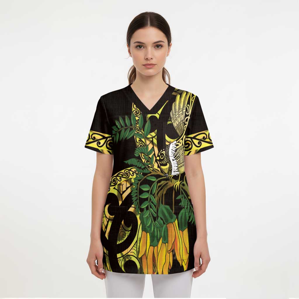 Yellow New Zealand Kowhai And Piwakawaka Scrub Top Maori Ngaru Paua Shell - Aussie Hoodie