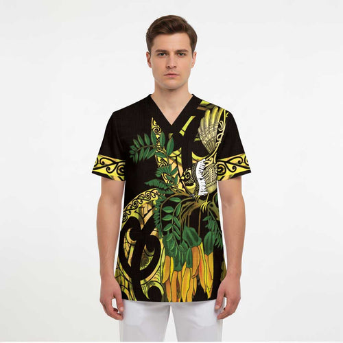 Yellow New Zealand Kowhai And Piwakawaka Scrub Top Maori Ngaru Paua Shell - Aussie Hoodie