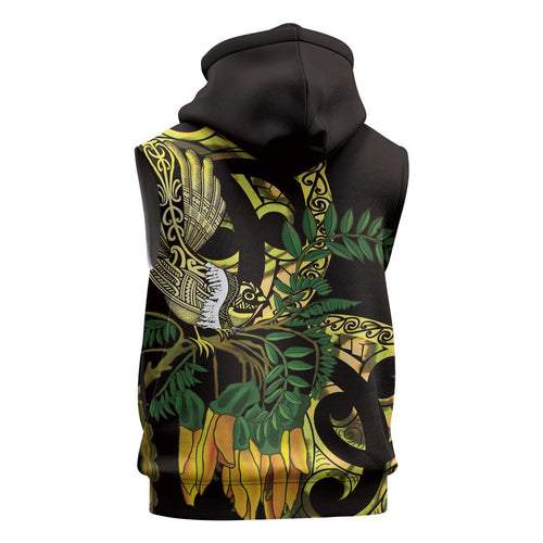 Yellow New Zealand Kowhai And Piwakawaka Sleeveless Hoodie Maori Ngaru Paua Shell - Aussie Hoodie