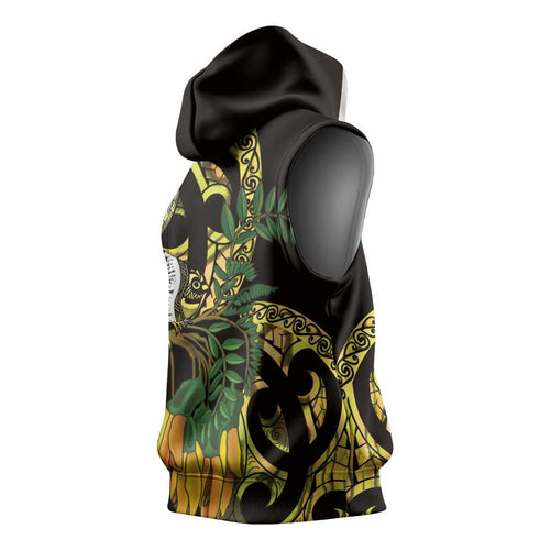 Yellow New Zealand Kowhai And Piwakawaka Sleeveless Hoodie Maori Ngaru Paua Shell - Aussie Hoodie