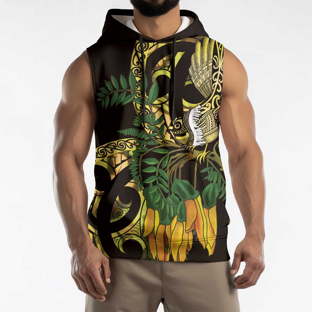 Yellow New Zealand Kowhai And Piwakawaka Sleeveless Hoodie Maori Ngaru Paua Shell - Aussie Hoodie