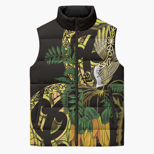 Yellow New Zealand Kowhai And Piwakawaka Sleeveless Puffer Jacket Maori Ngaru Paua Shell - Aussie Hoodie