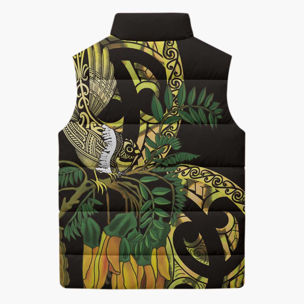 Yellow New Zealand Kowhai And Piwakawaka Sleeveless Puffer Jacket Maori Ngaru Paua Shell - Aussie Hoodie