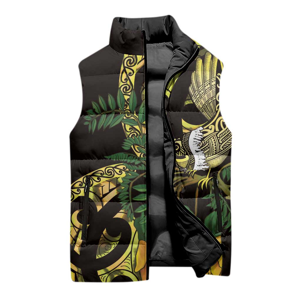 Yellow New Zealand Kowhai And Piwakawaka Sleeveless Puffer Jacket Maori Ngaru Paua Shell - Aussie Hoodie